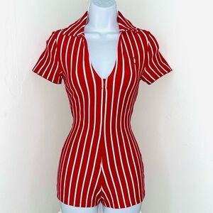 So Real GSUWOO Kitty Kat Suit Striped Short Romper V Neck Sexy Stripper EUC Sml